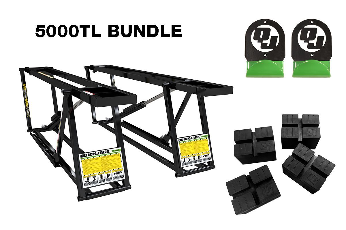 QuickJack 5000TL bundle includes 5000TL portable car lift, Wall Hangers, and Pinch-Weld Blocks